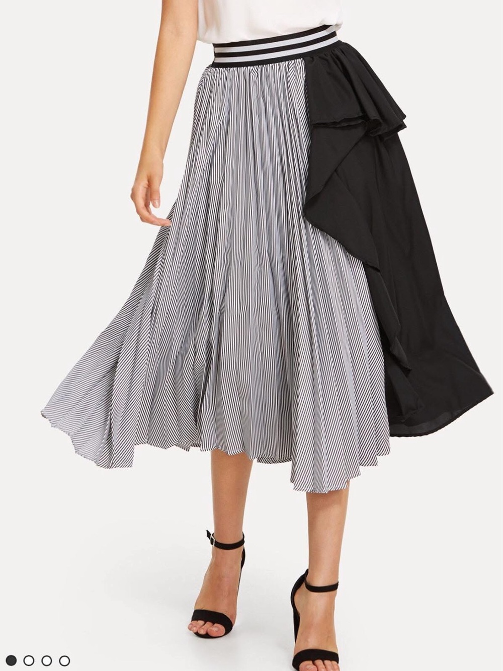 SHEIN Black & White Striped Asymmetric Ruffle Midi Skirt